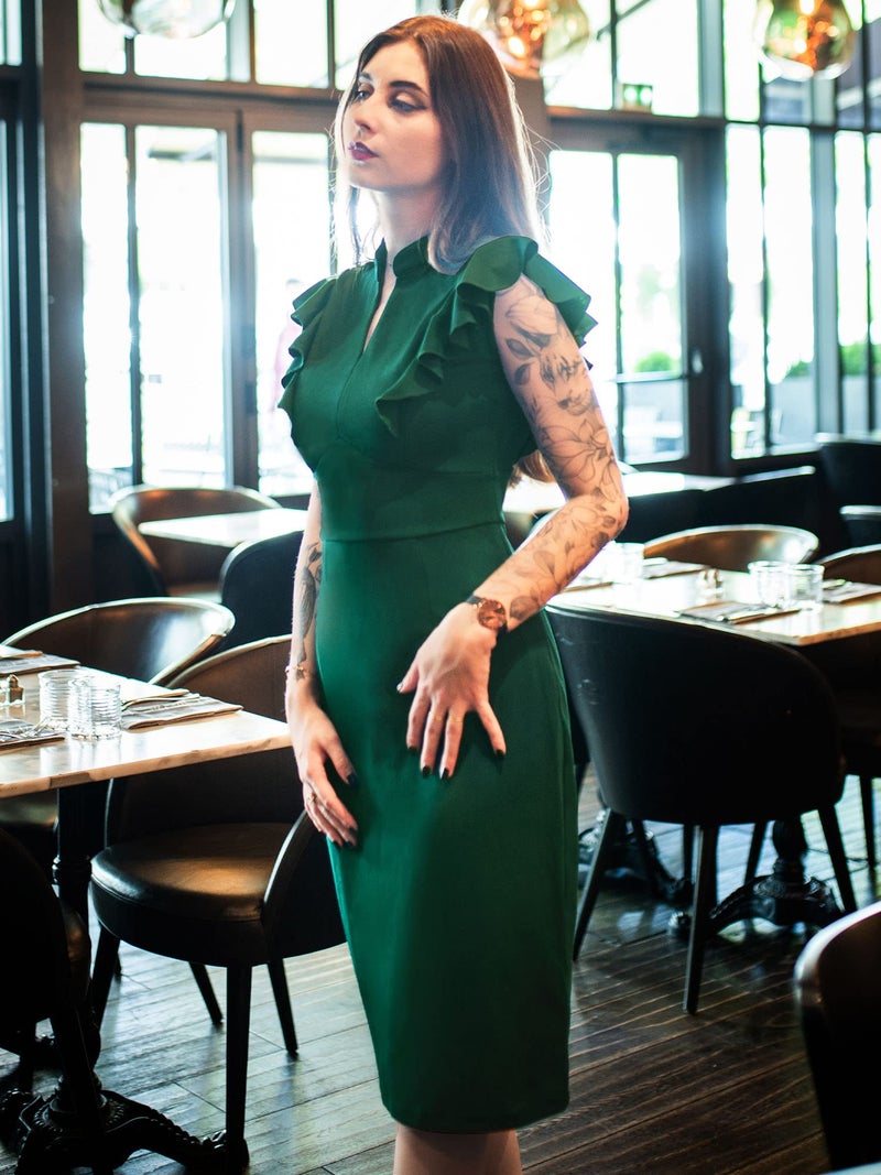 Knitee Women's Vintage Ruffle Sleeve V-Neck Bodycon Evening Party Cocktail Pencil Sheath Dress (Dark Green, Medium) - Image 3